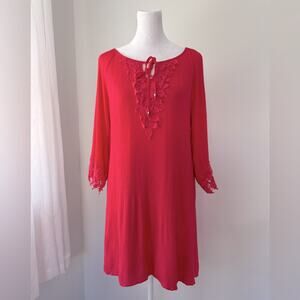 Naïf Coral Pink 3/4 Sleeve Crochet Shift Tunic Mini Dress